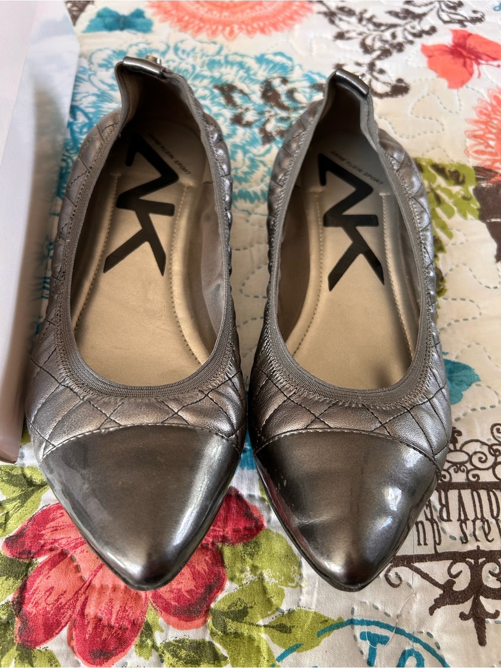 Anne Klein Sport Metallic Silver Quilted Pointed Toe Flats